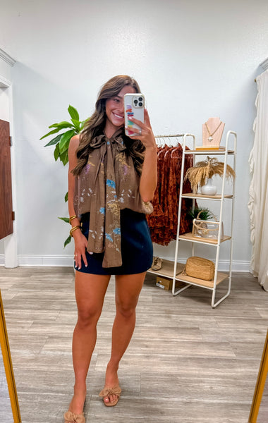 Floral Button Down Tie Neck Top