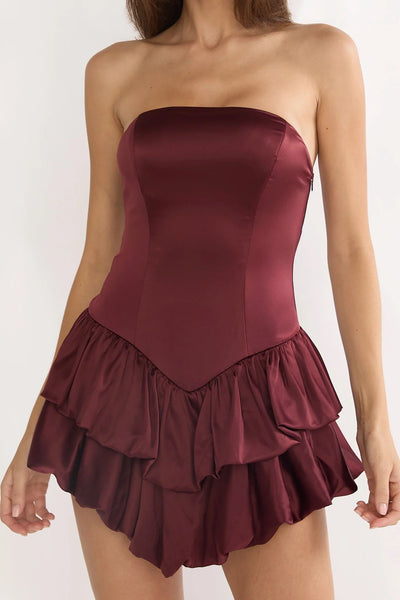 Strapless Bow-Back Ruffle Mini Dress