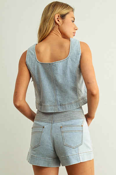 Denim Color Blocked Top & Shorts Set