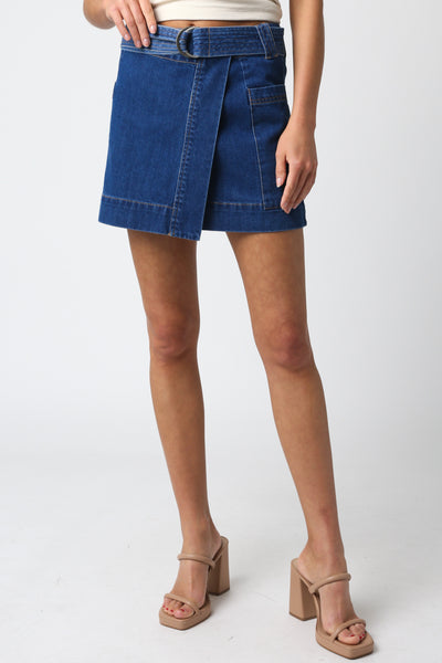 Belted Denim Wrap Style Skirt