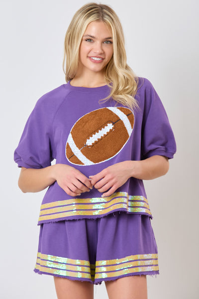 Football Sequin Embroidery Puff Sleeve Top