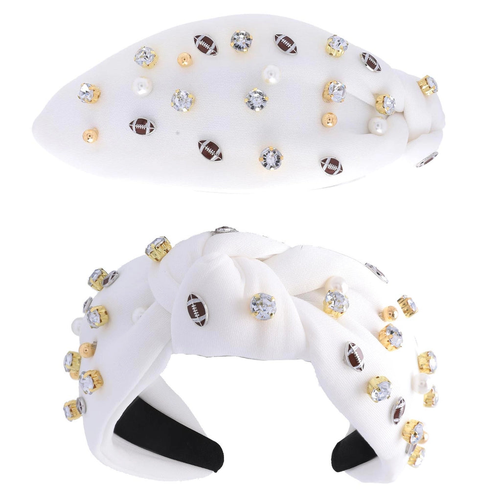 Jeweled & Pearl Beaded w/ Football Charms Knotted Headband