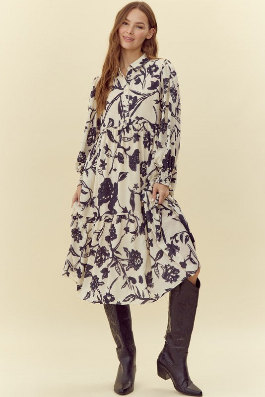 Flower Print Midi Dress with Pockets