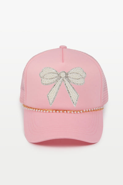 Embroidered Bow w/ Pearl Chain Trucker Hat