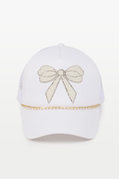 Embroidered Bow w/ Pearl Chain Trucker Hat