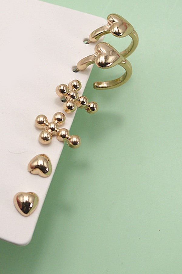 Trio  Heart Cross Huggie Hoop Earrings