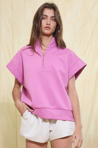 Short Sleeve Half Zip-Up Scuba Top