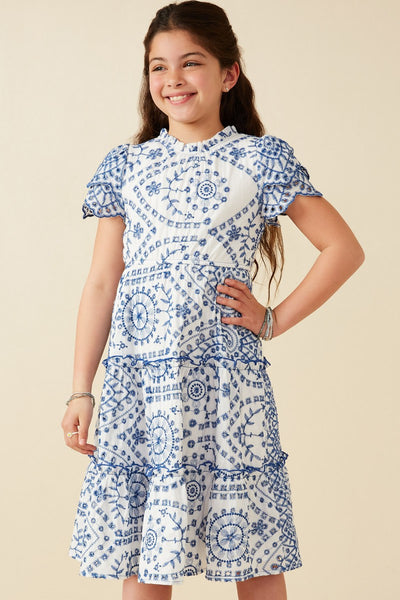 Girls Eyelet Lace Scallop Sleeve Midi Dress