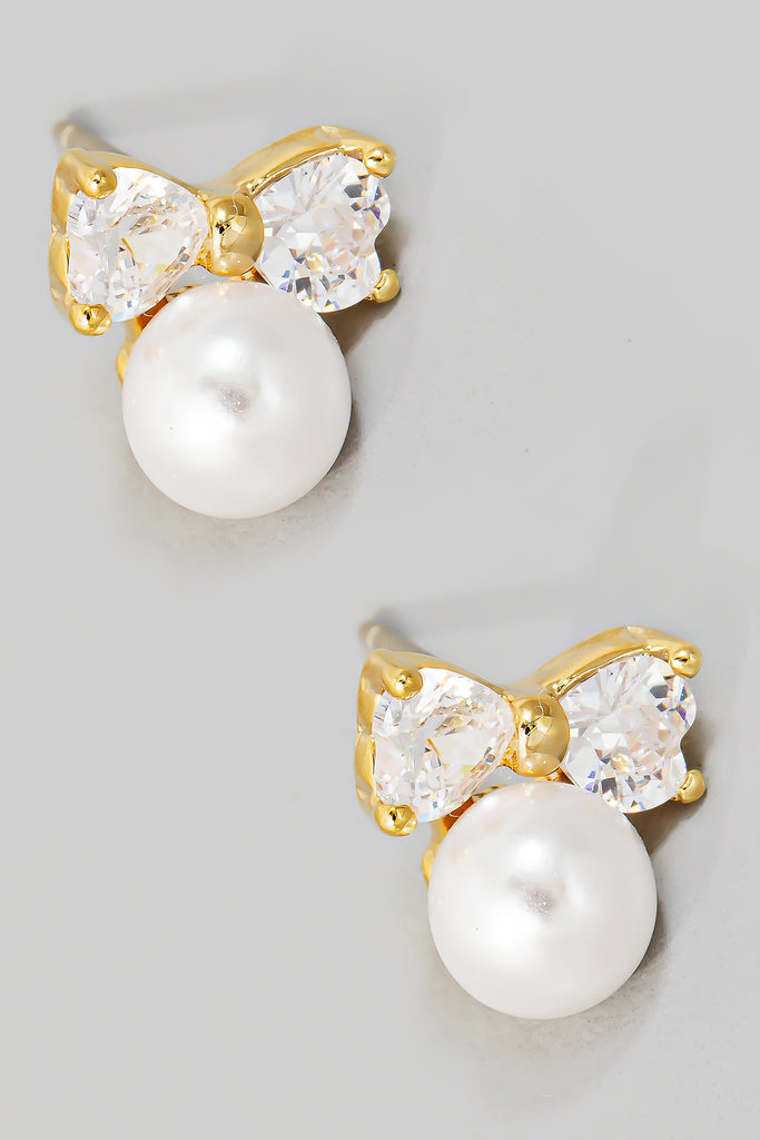 Cz And Pearl Bead Ribbon Bow Stud Earrings