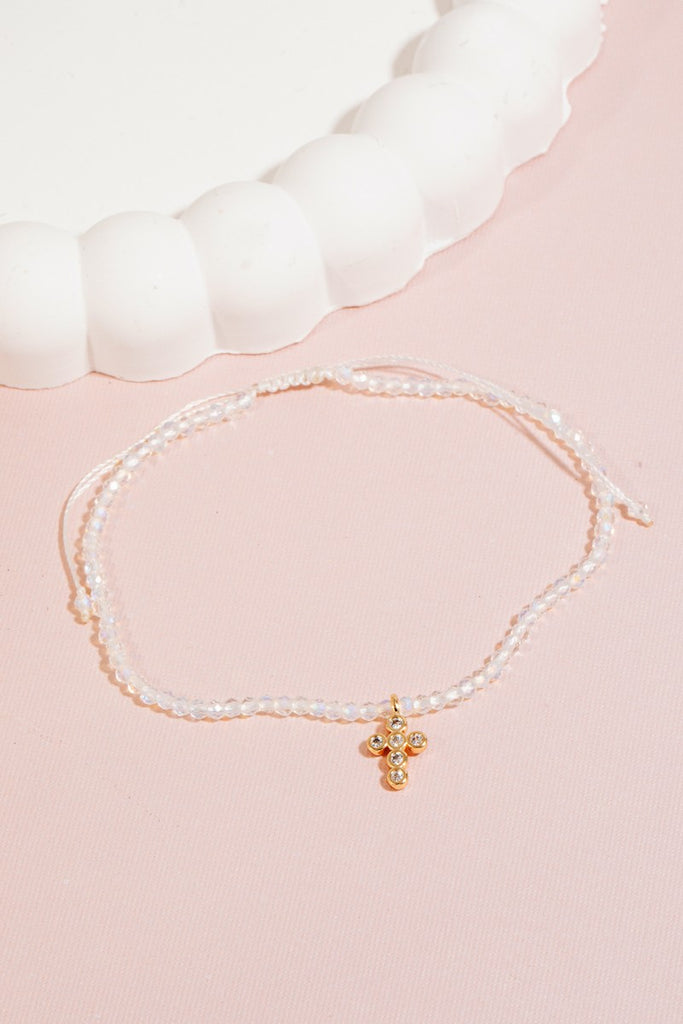 Cz Pave Cross Charm Glass Beaded Bracelet