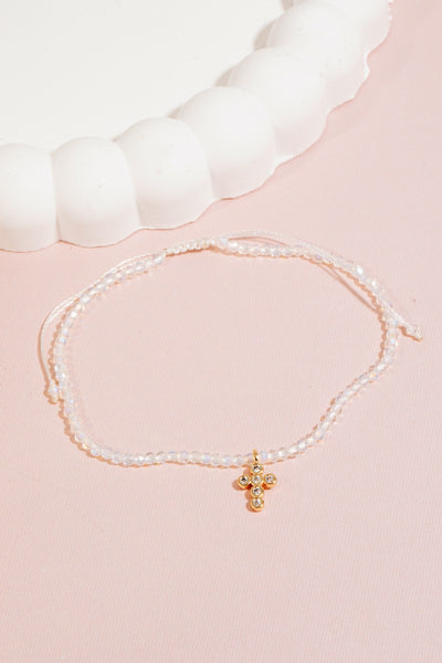 Cz Pave Cross Charm Glass Beaded Bracelet