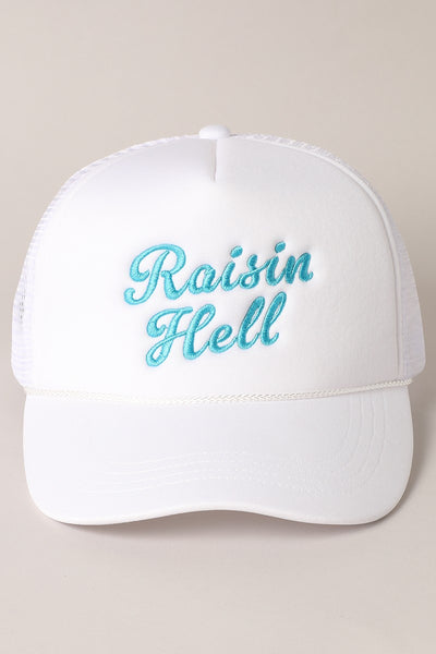 Raisin Hell Text Embroidery Mesh Back Trucker Hat