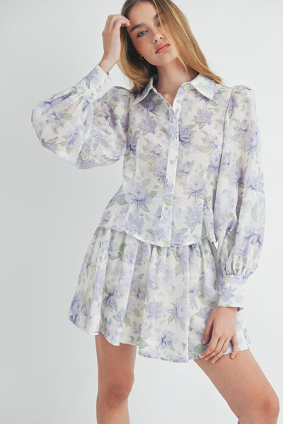Floral Button Down Blouse & Mini Skirt Set