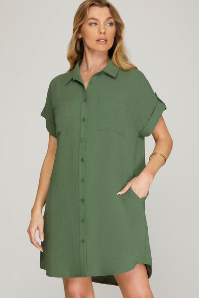 Drop Shoulder Button Up Woven Shirt Dress