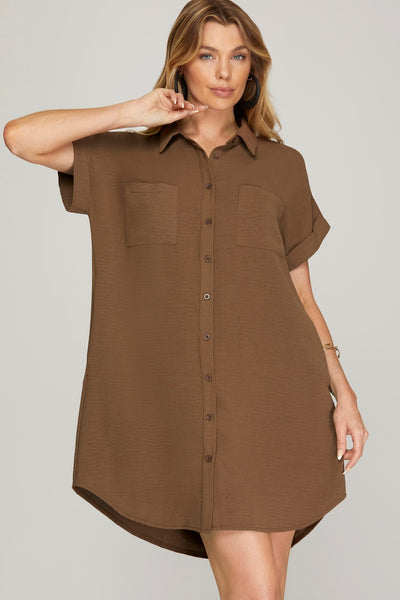 Drop Shoulder Button Up Woven Shirt Dress