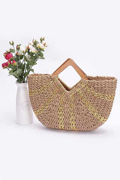 Faux Straw Handmade Metallic Stripe Wooden Handle Bag