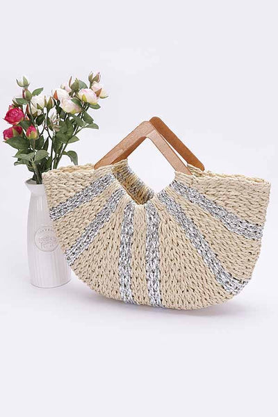 Faux Straw Handmade Metallic Stripe Wooden Handle Bag