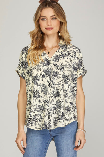 Drop Shoulder Collared Floral Print Top