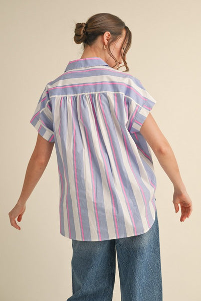 Striped Print Short Dolman Sleeves Top