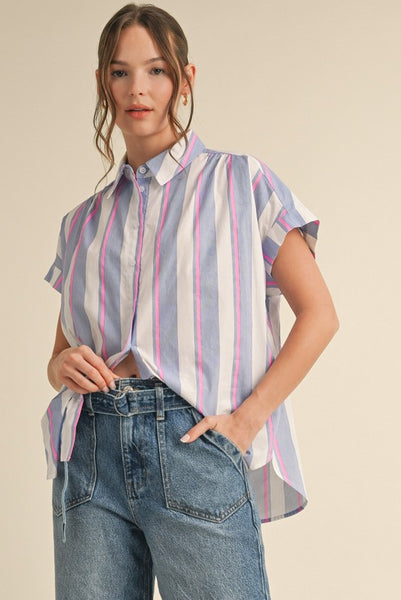 Striped Print Short Dolman Sleeves Top