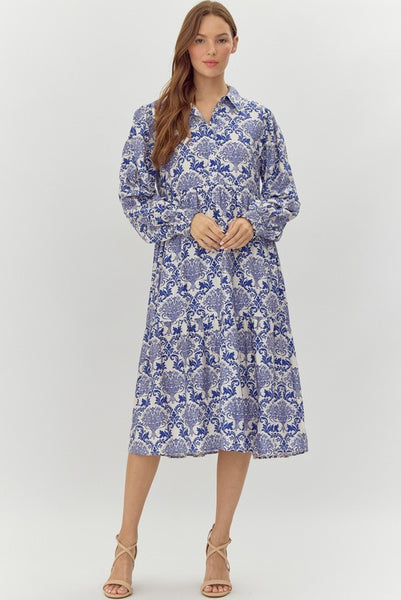 Bohemian Print Midi Dress with Pockets