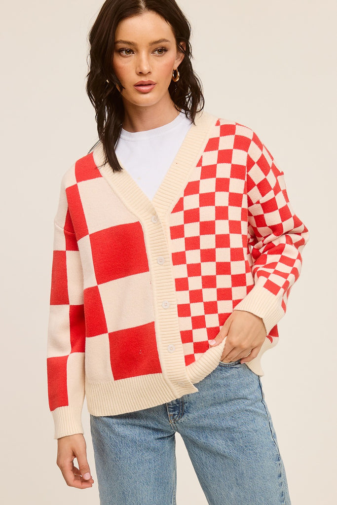 Checkered Button Front Cardigan