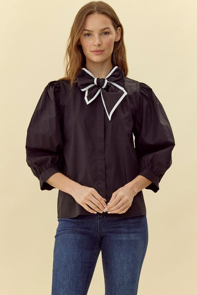 Ribbon-Tie Neck 3/4 Sleeves Top