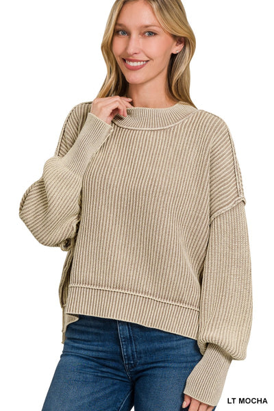 Washed Side Slit Oversized Cropped Sweater