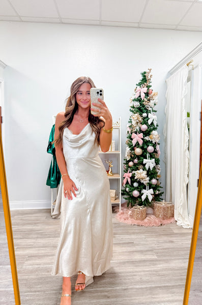 Metallic Cowl Neck Asymmetrical Dress