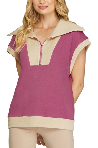 Drop Shoulder Half Zip Contrast Top