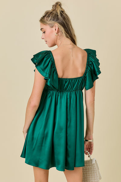 Satin Double Ruffle Sleeve Flowy Dress