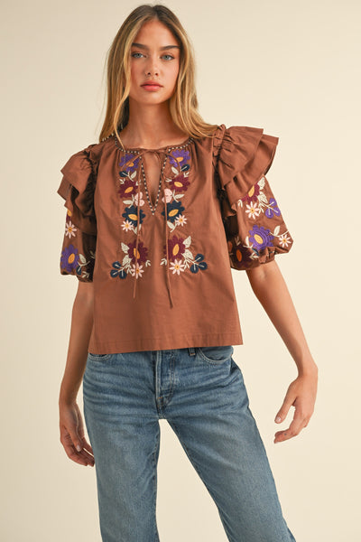 Embroidered Ruffle Shoulder Puff Sleeve Top