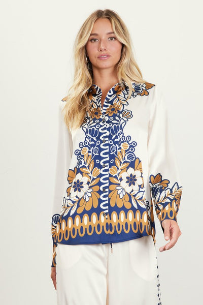 Printed Long Sleeve Button Down Blouse