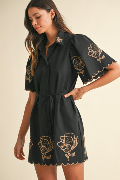 Floral Embroidered Button Down Shirt Dress