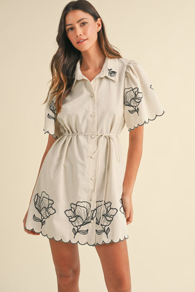 Floral Embroidered Button Down Shirt Dress