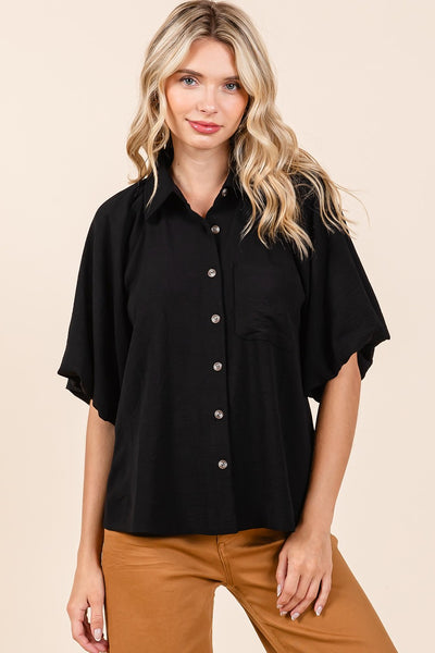 Airflow Short Bubble Sleeve Button Down Top