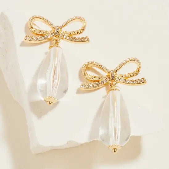 Teardrop Bead Ribbon Bow Rhinestone Post Earrings