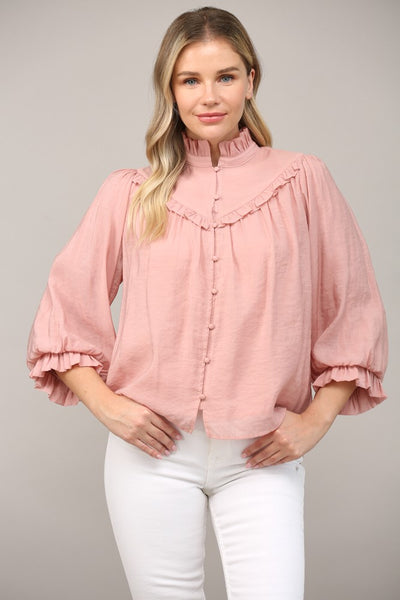 Ruffle Detail 3/4 Bubble Sleeve Blouse