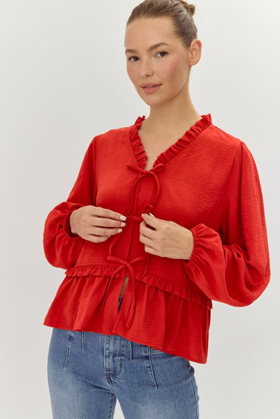 Solid Ribbon-Tie Peplum Top