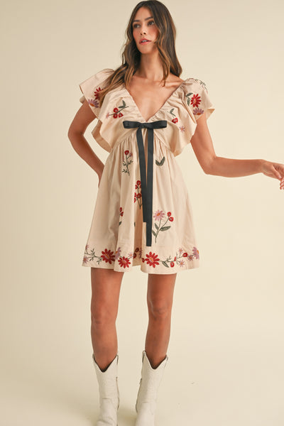 Embroidered Bow Babydoll Mini Dress