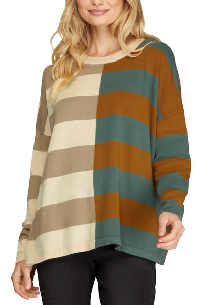 Long Sleeve Stripe Color Block Sweater