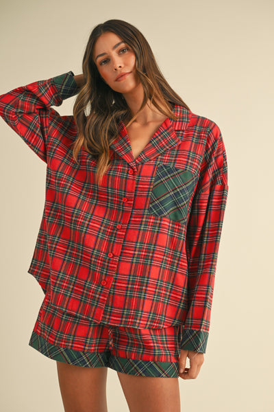 Plaid Woven Pajama Shirt & Short Set