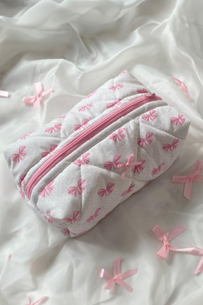 Bow Knot Quilted Zipper Makeup Bag