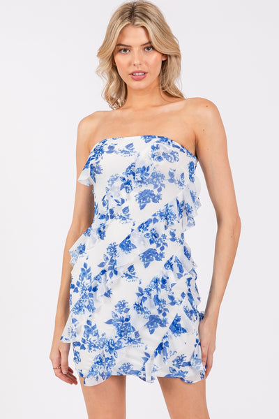 Print Power Mesh Ruffle Mini Dress