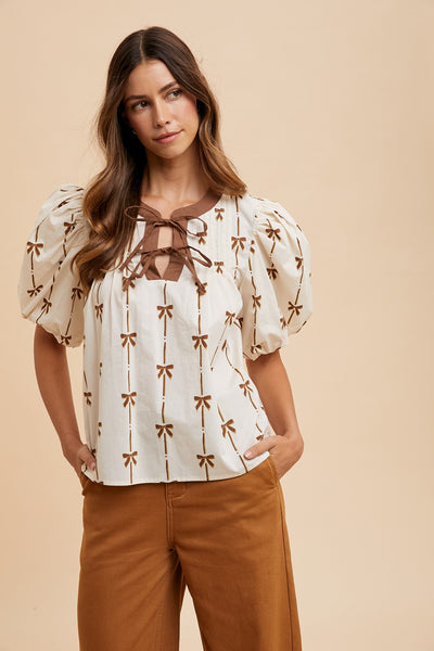 Bow Printed Pintuck Detail Blouse