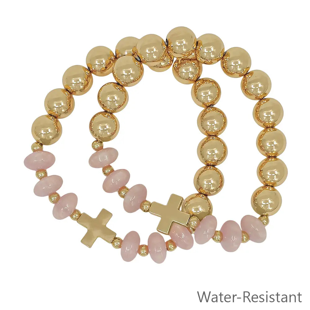 Set of 2 Gold Beaded w/ Pink Crystals & Gold Cross Stretch Bracelets