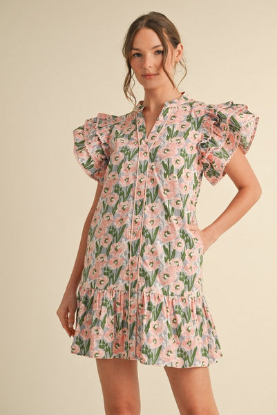 Floral Print Button-up Ruffle Dress