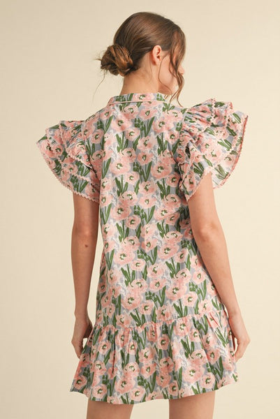 Floral Print Button-up Ruffle Dress