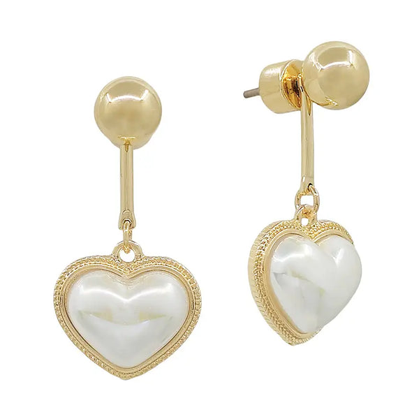 Gold Beaded Stud w/ Pearl Heart Drop 1" Earring