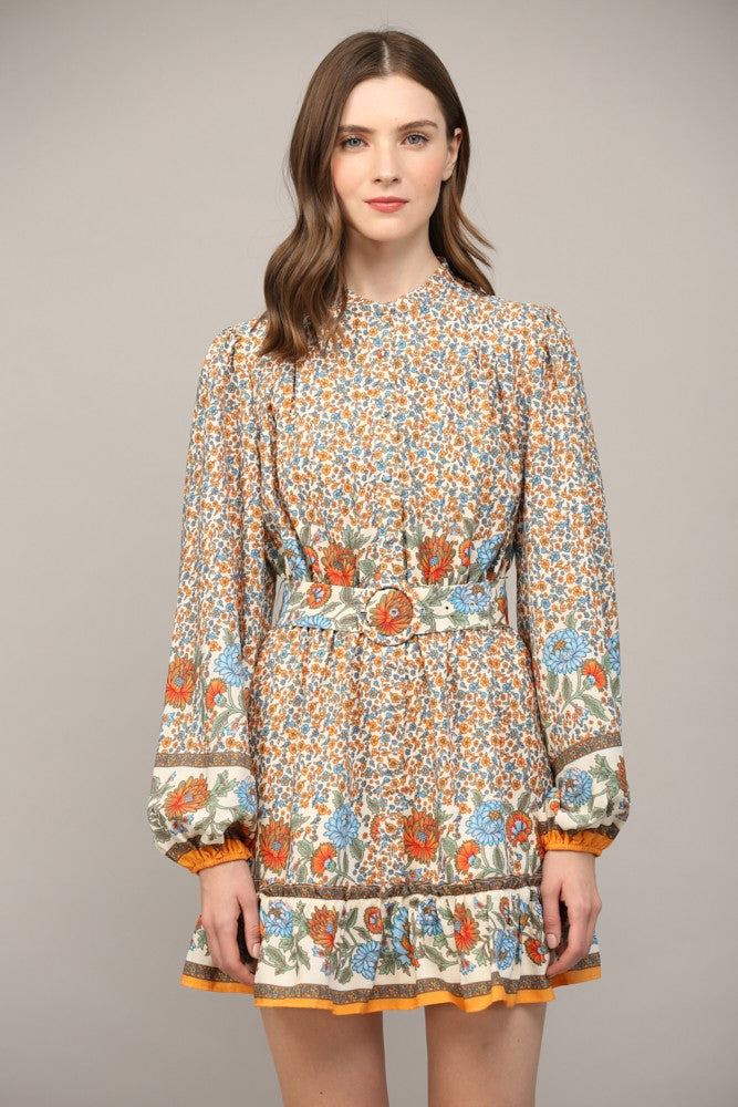 Border Print Button Front Belted Dress